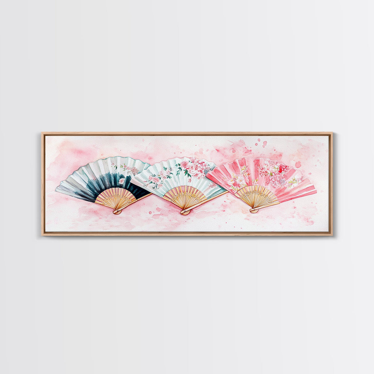 Floral Hand Fan Art Framed Canvas Print Chinoiserie Pink Wall Art Botanical Prints Horizontal Bedroom Living Room Décor Gift Idea