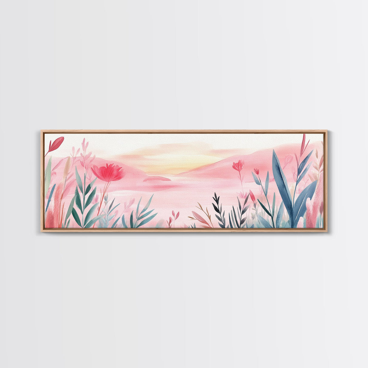 Wildflower Horizon Canvas Print, Light Pink Coastal Landscape Art, Panoramic Wall Art, Above Sofa Decor, Nature-Inspired Artwork