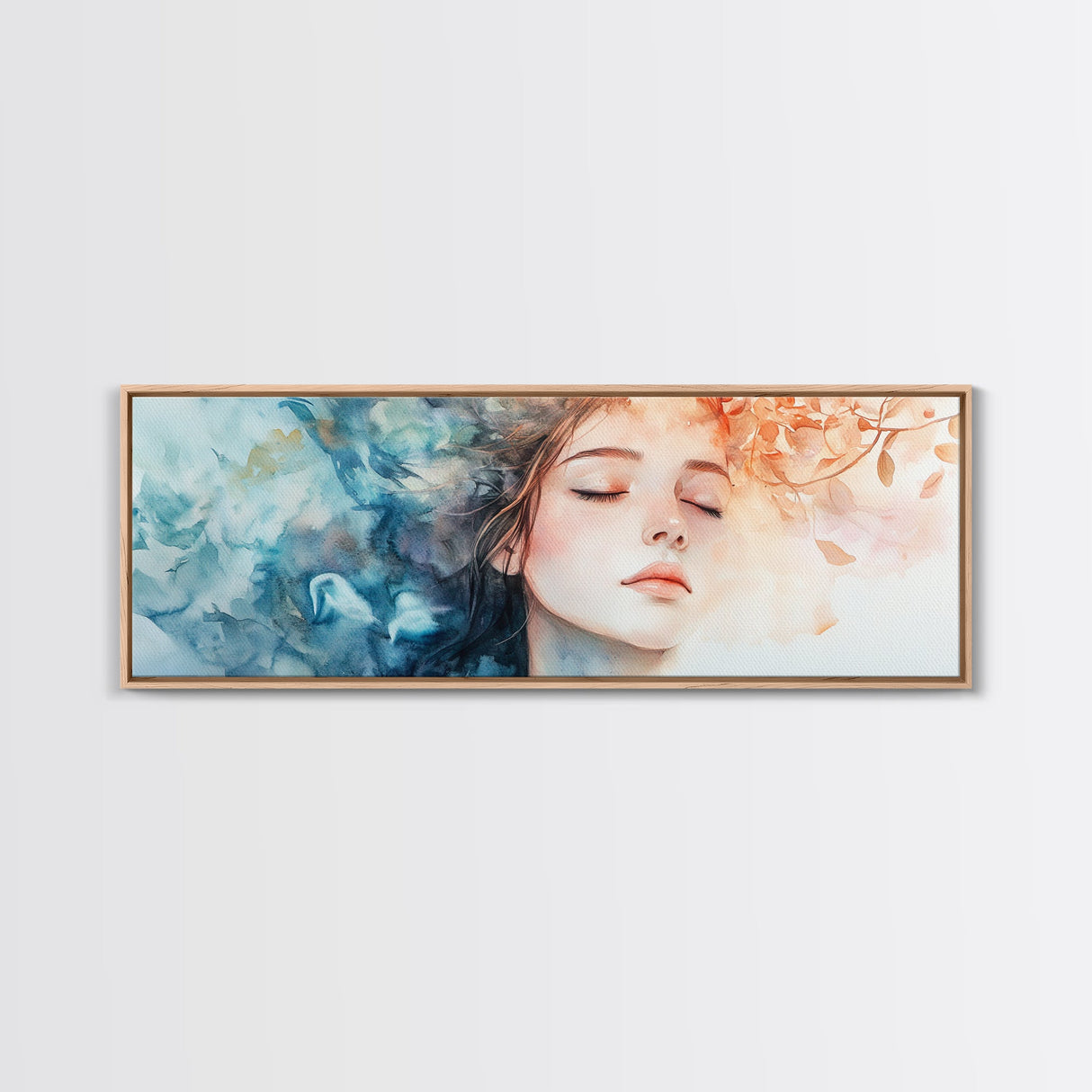 Moody Woman Portrait Framed Canvas Print - Abstract Cherry Blossom Painting, Fall Bedroom Art, Minimalist Wall Decor, Gift Idea For Her