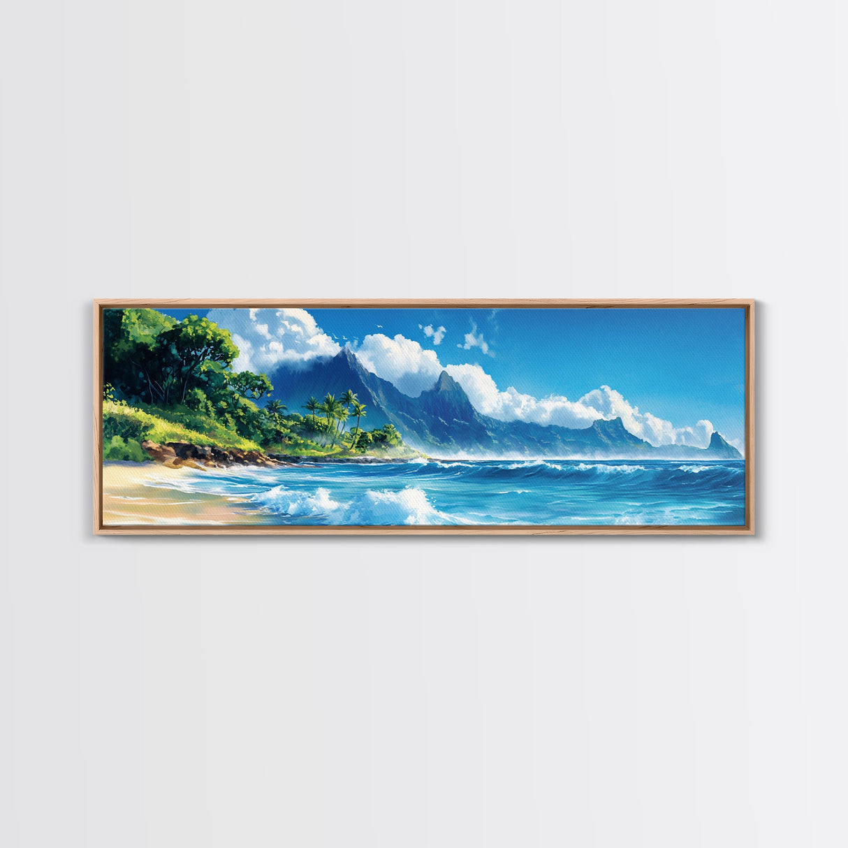 Tropical Paradise Beach Framed Canvas Print - Panoramic Hawaii Coastal Painting, Nautical Wall Art, Ocean View Living Room Wall Decor