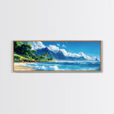 Tropical Paradise Beach Framed Canvas Print - Panoramic Hawaii Coastal Painting, Nautical Wall Art, Ocean View Living Room Wall Decor