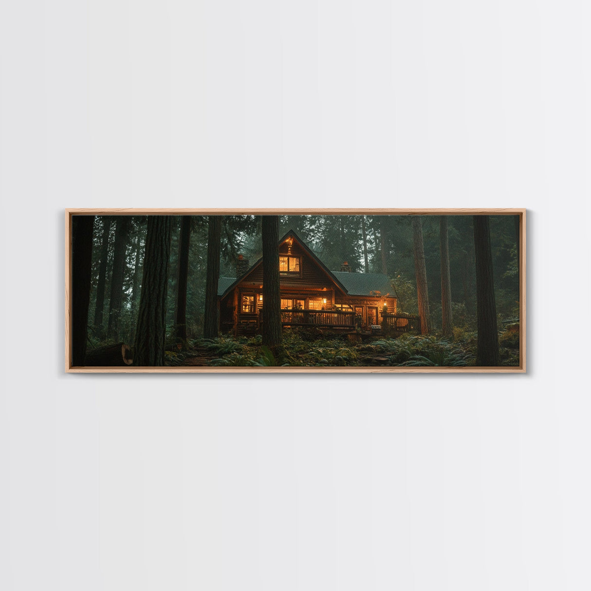 Warm Forest Cabin Framed Canvas Print, Rustic Decor Wall Art, Cozy Woodland Scene Painting, Moody Autumn Landscape, Living Room Art Piece