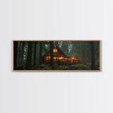 Warm Forest Cabin Framed Canvas Print, Rustic Decor Wall Art, Cozy Woodland Scene Painting, Moody Autumn Landscape, Living Room Art Piece