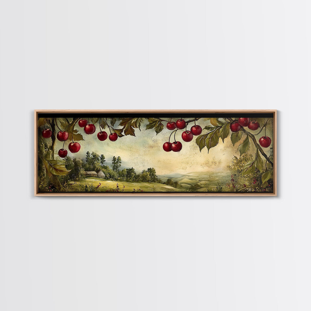 Framed Canvas Print Cherries Wall Art Panoramic Rustic Decor Living Room Horizontal Landscape Art Farmhouse Gift Idea Painting