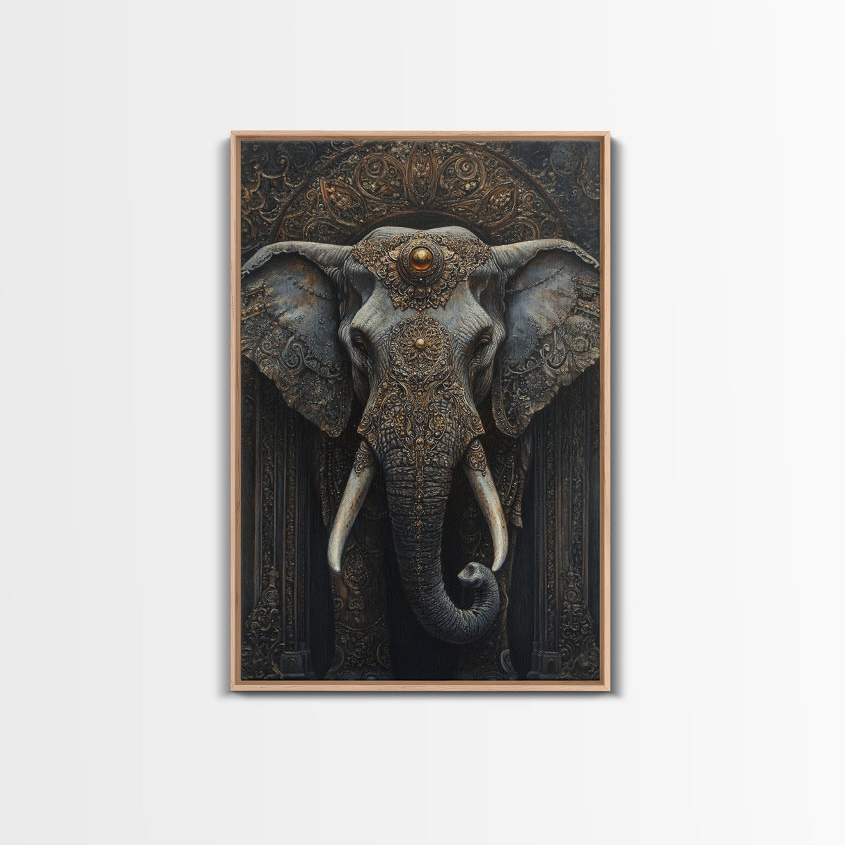 Ornate Elephant Kerala Mural Framed Canvas Print – Ganesh Wall Art, Sacred Geometry Art, Indian Inspired Decor Rustic Living Room Art