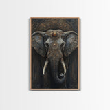 Ornate Elephant Kerala Mural Framed Canvas Print – Ganesh Wall Art, Sacred Geometry Art, Indian Inspired Decor Rustic Living Room Art