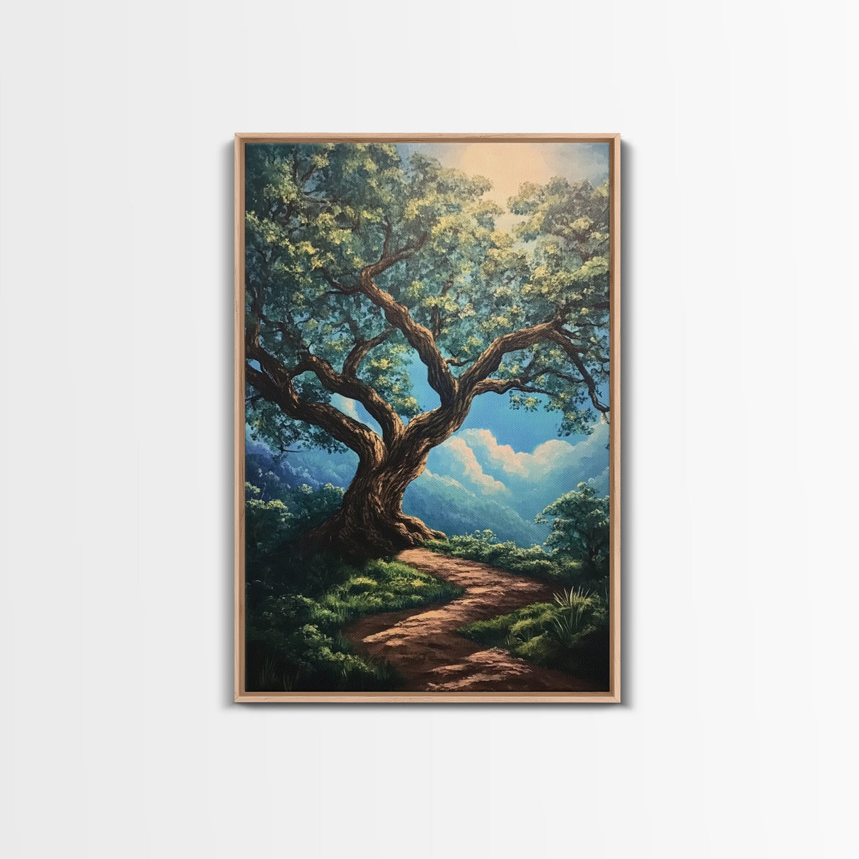 Majestic Oak Tree Framed Canvas Print – Oak Tree Art, Rustic Landscape Painting, Above Sofa Wall Art, Wabi Sabi Living Room Decor