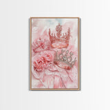 Elegant watercolor crowns and roses painting, framed canvas print, rose painting, goddess art print, chic pink wall art for living room