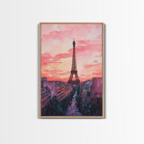 Eiffel Tower Sunset Framed Canvas Print Paris Landscape Painting French Cityscape Wall Art Bedroom Decor Romantic Gift Pink Orange Art