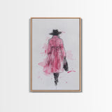 Woman in Coat Framed Canvas Print Light Pink Wall Art Moody Minimalist Fashion Illustration Rustic Aesthetic Unique Gift Idea