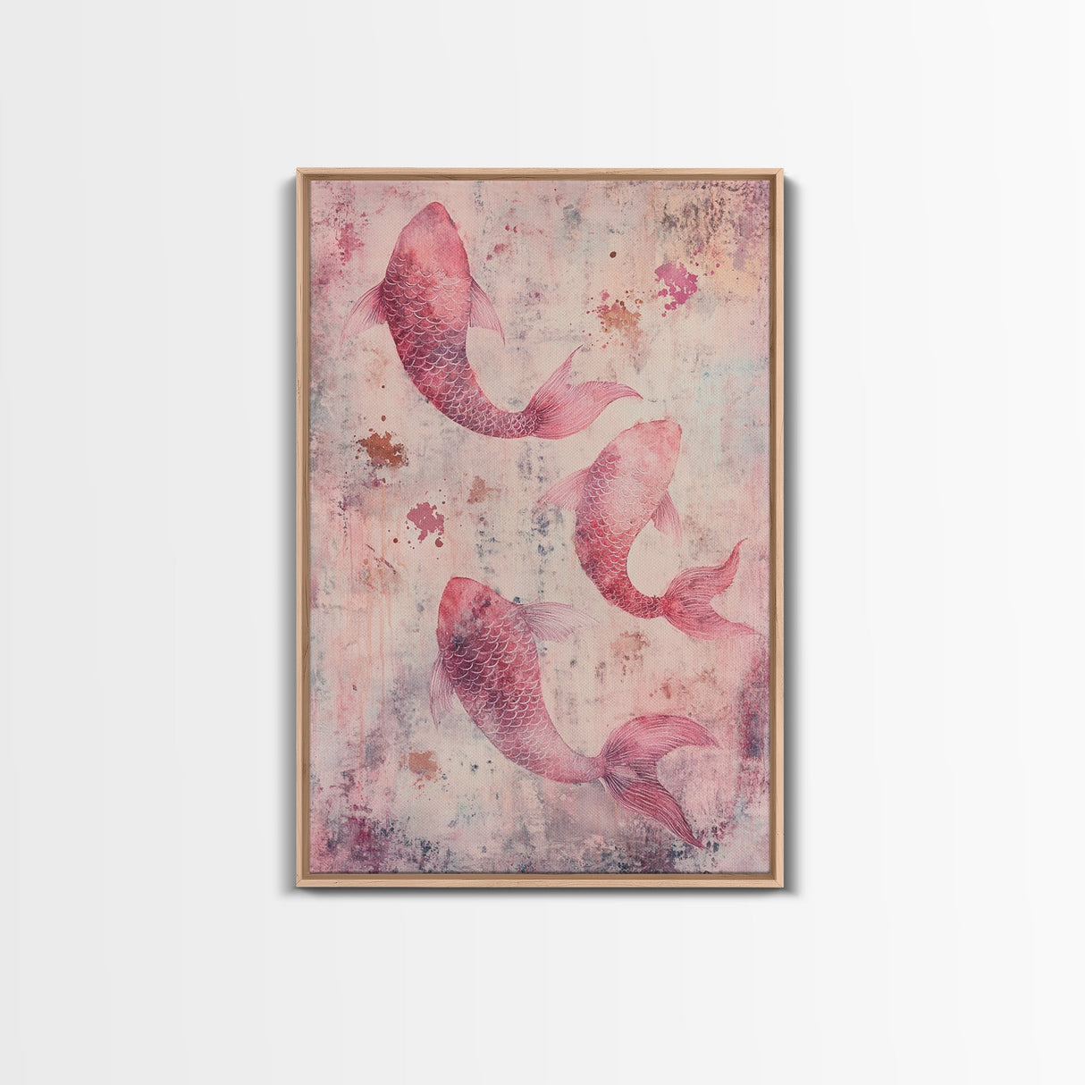 Artistic koi fish painting with framed canvas print, pink abstract art, light pink wall art, gift idea, moody art above bed decor