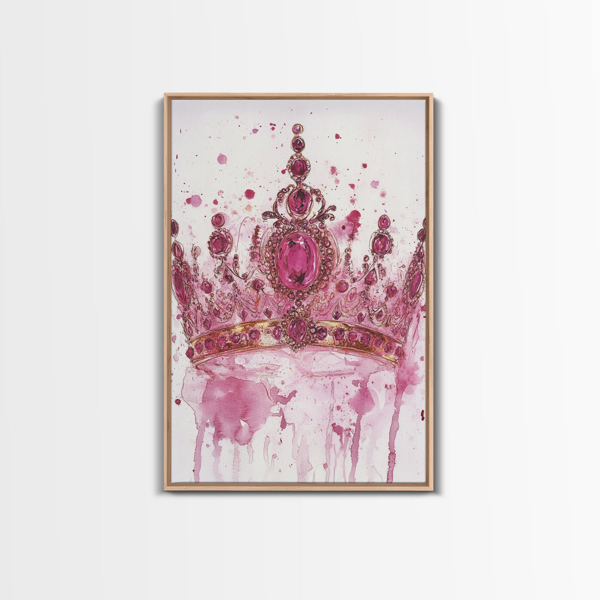 Regal jeweled crown painting featuring framed canvas print, moody art, pink wall art for dorm, unique goddess art print decor