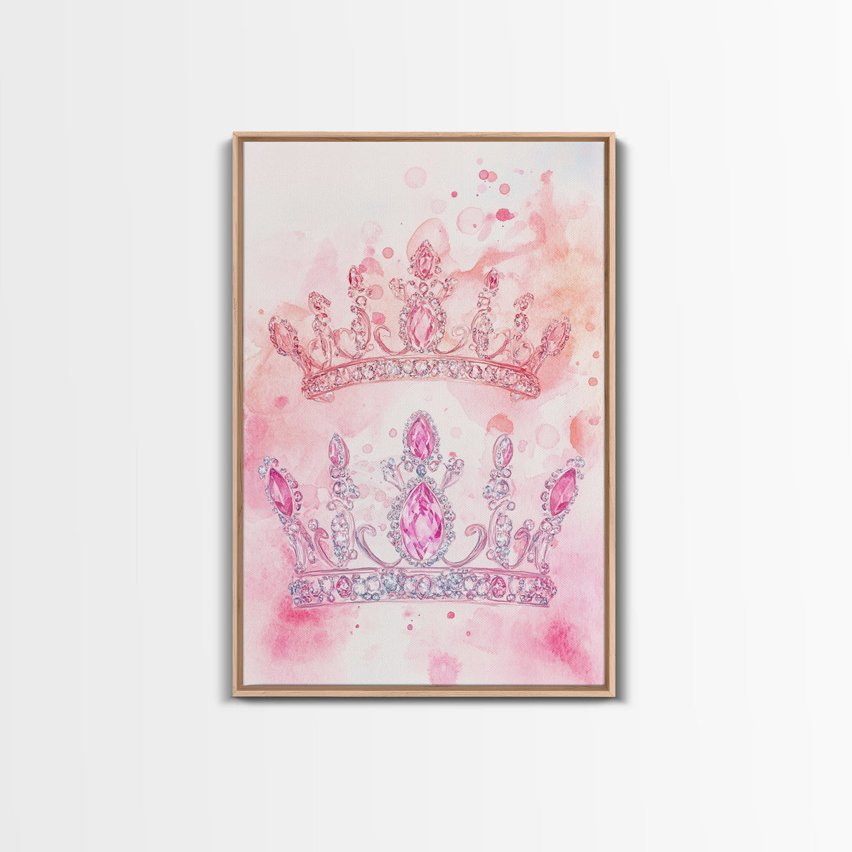 Twin jeweled crown painting featuring framed canvas print, whimsical art, light pink wall art, goddess art print, gift idea decor