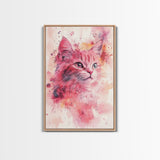 Pink Cat Portrait Canvas Print, Whimsical Art, Feline Wall Art, Light Pink Wall Art, Bedroom Art, Artistic Decor, Gift Idea for Cat Lovers