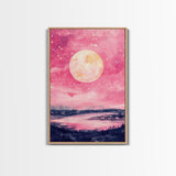 Moonlit Sky over Lake Framed Canvas Print, Pink Night Landscape Painting Coastal Wall Art, Minimalist Bedroom or Guest Room Decor