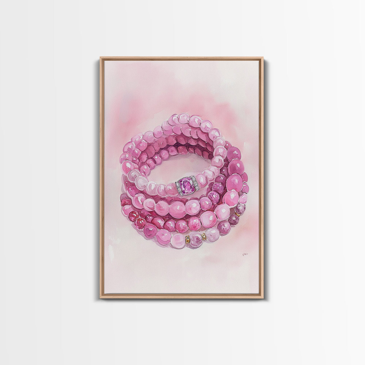 Pink Gemstone Bracelet Painting Framed Canvas Print, Whimsical Jewelry Art Light Pink Decor, Feminine Bedroom or Gift Aesthetic