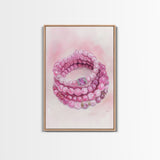Pink Gemstone Bracelet Painting Framed Canvas Print, Whimsical Jewelry Art Light Pink Decor, Feminine Bedroom or Gift Aesthetic