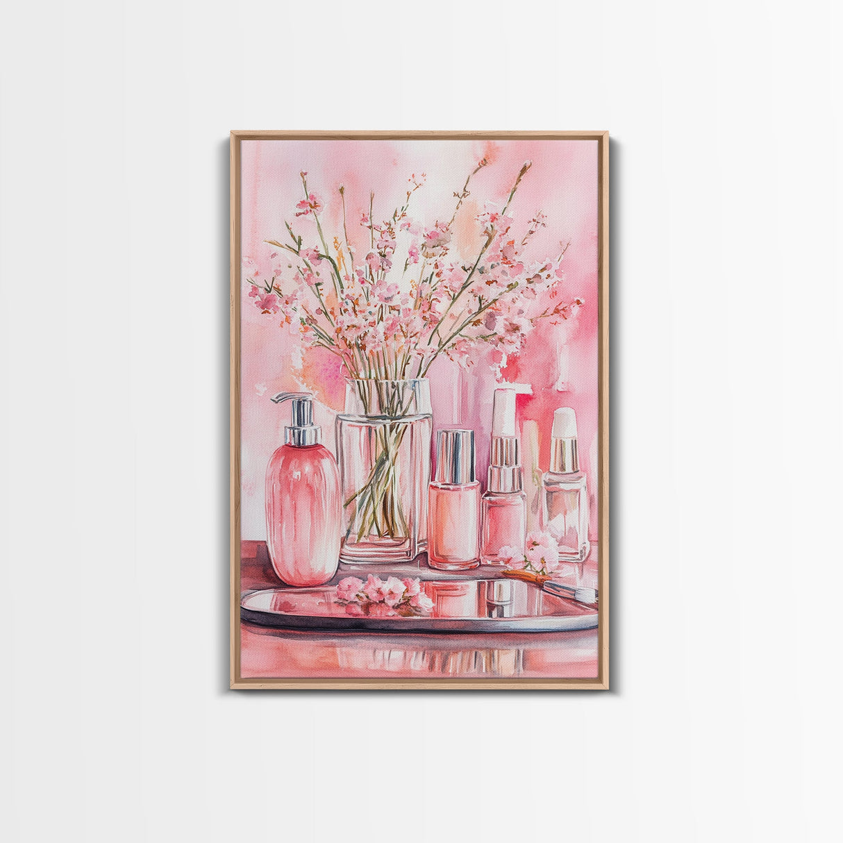 Pink wildflower botanical prints with glass bottles framed canvas print for bedroom or guest room rustic decor gift idea her wall art