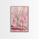 Pink wildflower botanical prints with glass bottles framed canvas print for bedroom or guest room rustic decor gift idea her wall art