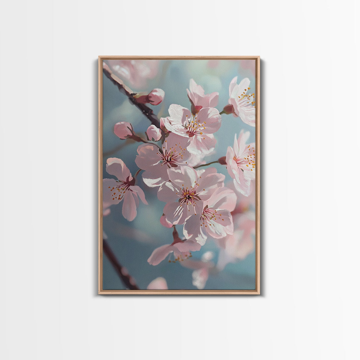 Japanese Sakura Canvas Print | Cherry Blossom Painting Art | Pastel Blue Floral Wall Art Gift Idea | Light Pink Bedroom Art