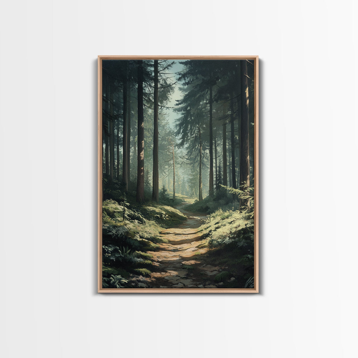 Forest Path Landscape Framed Canvas Print with Pine Tree Art, Rustic Decor and Serene Nature Above Sofa Artwork
