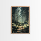 Forest Path Landscape Framed Canvas Print with Pine Tree Art, Rustic Decor and Serene Nature Above Sofa Artwork