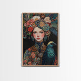Goddess Art Framed Canvas Print Featuring Whimsical Floral Headdress and Bird Art, Boho Bedroom Art with Vibrant Chinoiserie Vibes