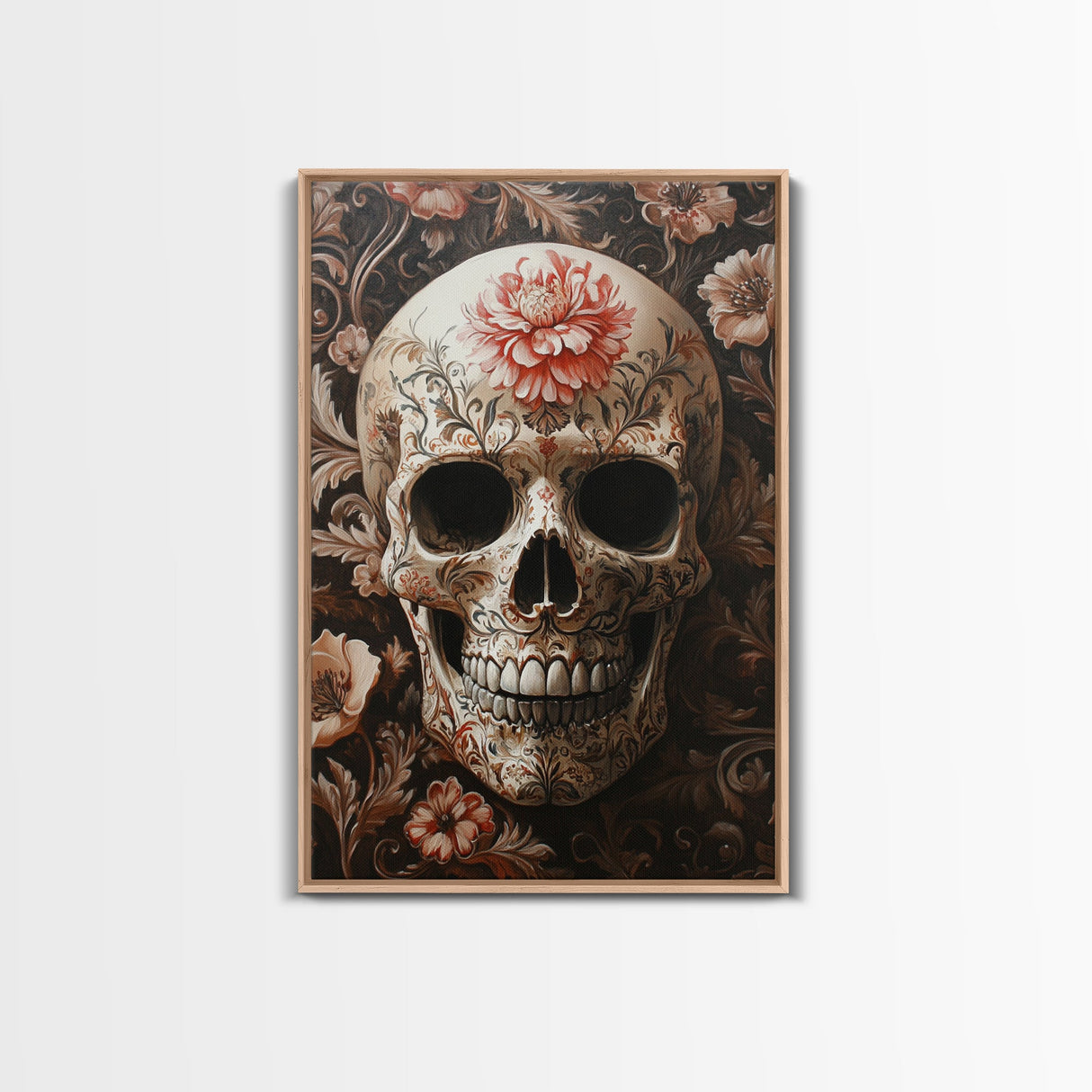 Skull Art Framed Canvas Print with Floral Botanical Prints in Gothic Chinoiserie Style, Perfect Halloween Rustic Wall Art Decoration