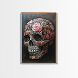 Skull Art Framed Canvas Print with Intricate Floral Patterns in Gothic Boho Style, Chinoiserie-Inspired Rustic Bedroom or Living Room Art