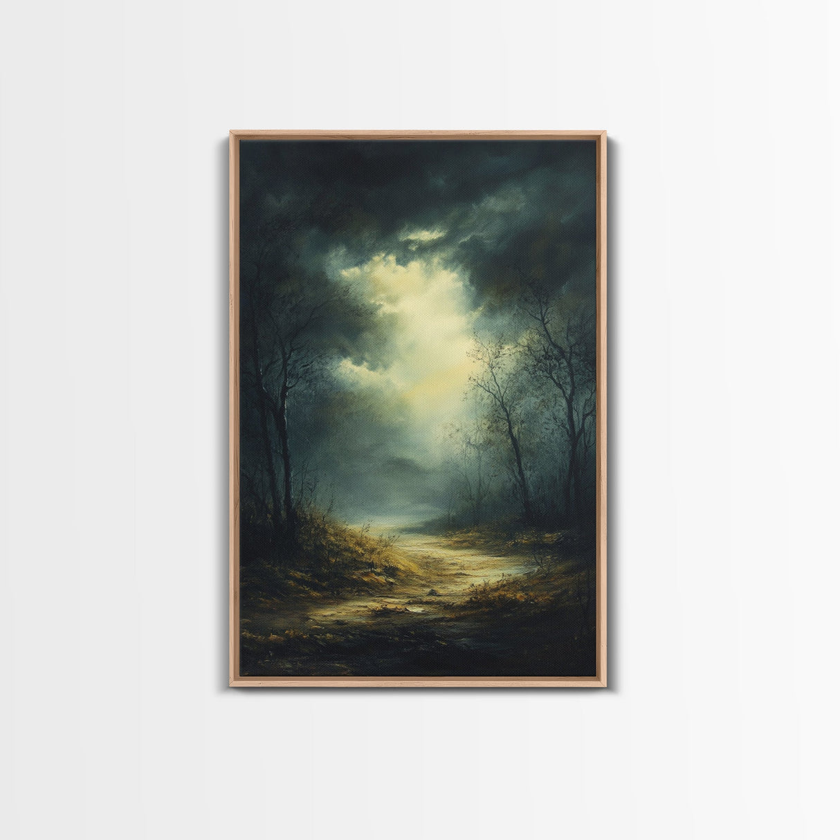 Forest at Dusk Framed Canvas Print with Moody Dark Romance Painting, Fall-Inspired Smoky Mountain Art Perfect Above Bed Wall Decor