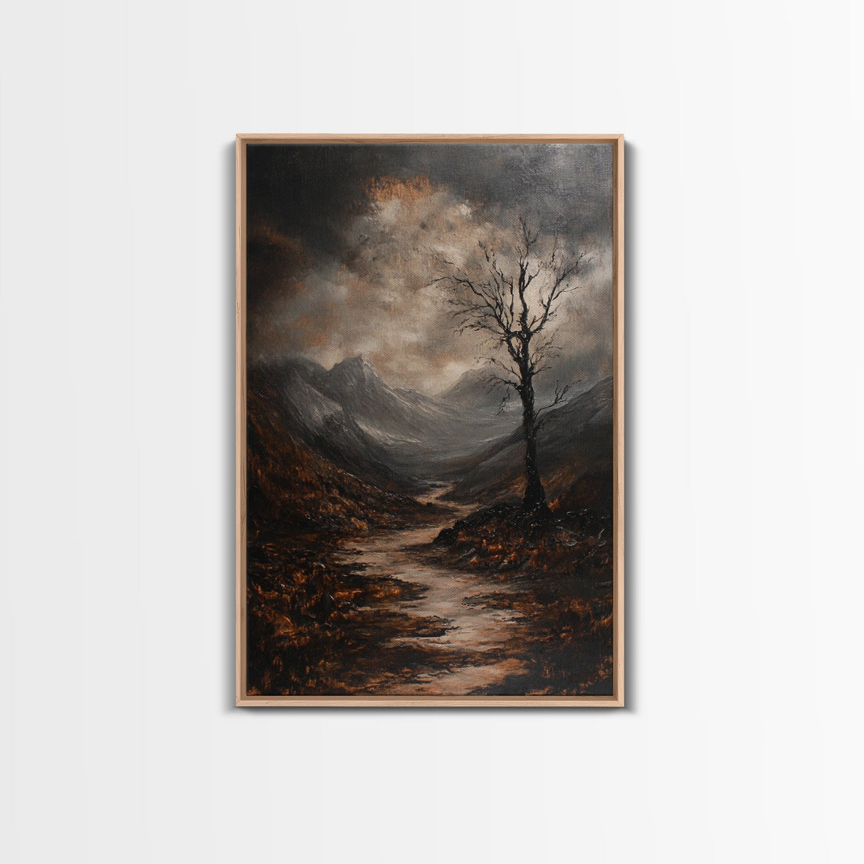Mountain Painting Framed Canvas Print with Mystical Sunrise Over Autumn Forest Path, Rustic Landscape Art with Moody Coastal Vibes