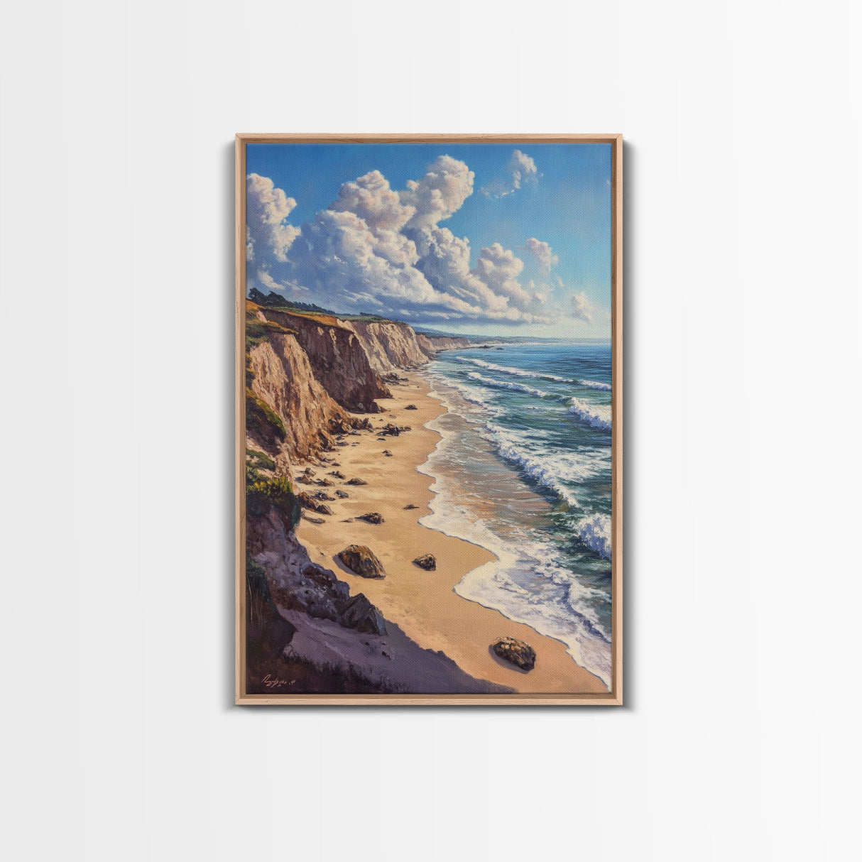 Sunny Beach Landscape Framed Canvas Print Coastal Seascape Painting Nautical Wall Art Gift Idea Bedroom Decor Rustic Nautical Painting