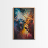 Bull and Bear Duel Framed Canvas Print Vibrant Moody Art Rustic Wall Art Unique Gift Idea Living Room Decor Animal Art Financial Market Theme