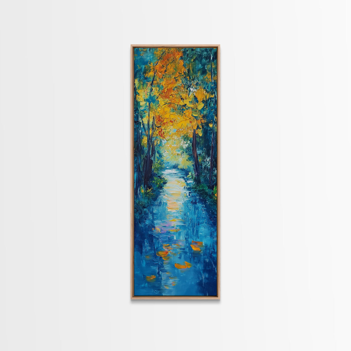Autumn Reflection, fall painting, birch tree art, mountain painting, rustic wall art, panoramic art, Framed Canvas Print