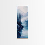 Foggy River, landscape painting, lake Tahoe art, blue and green wall art, pine tree art, zen wall art, Framed Canvas Print, bedroom art