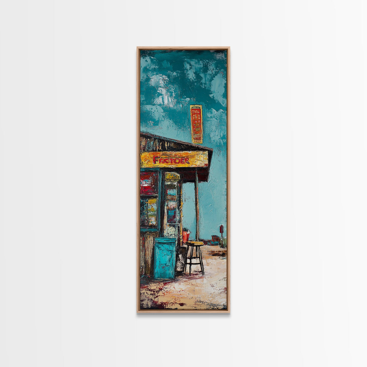 Rustic Gas Station, chicano art, guest check wall art, graffiti wall art, vintage folk art, Framed Canvas Print, tall skinny art