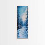Winter Path, snowy pine tree art, moody art, Christmas wall art, wabi sabi art, landscape painting, Framed Canvas Print