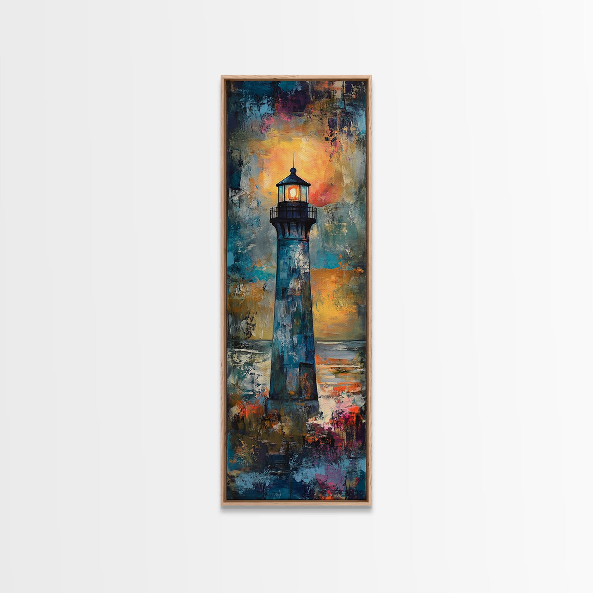 Lighthouse Glow, Moody Seascape, Nautical Painting, Coastal Decor, Sunset Wall Art, Framed Canvas Print, Bedroom Art