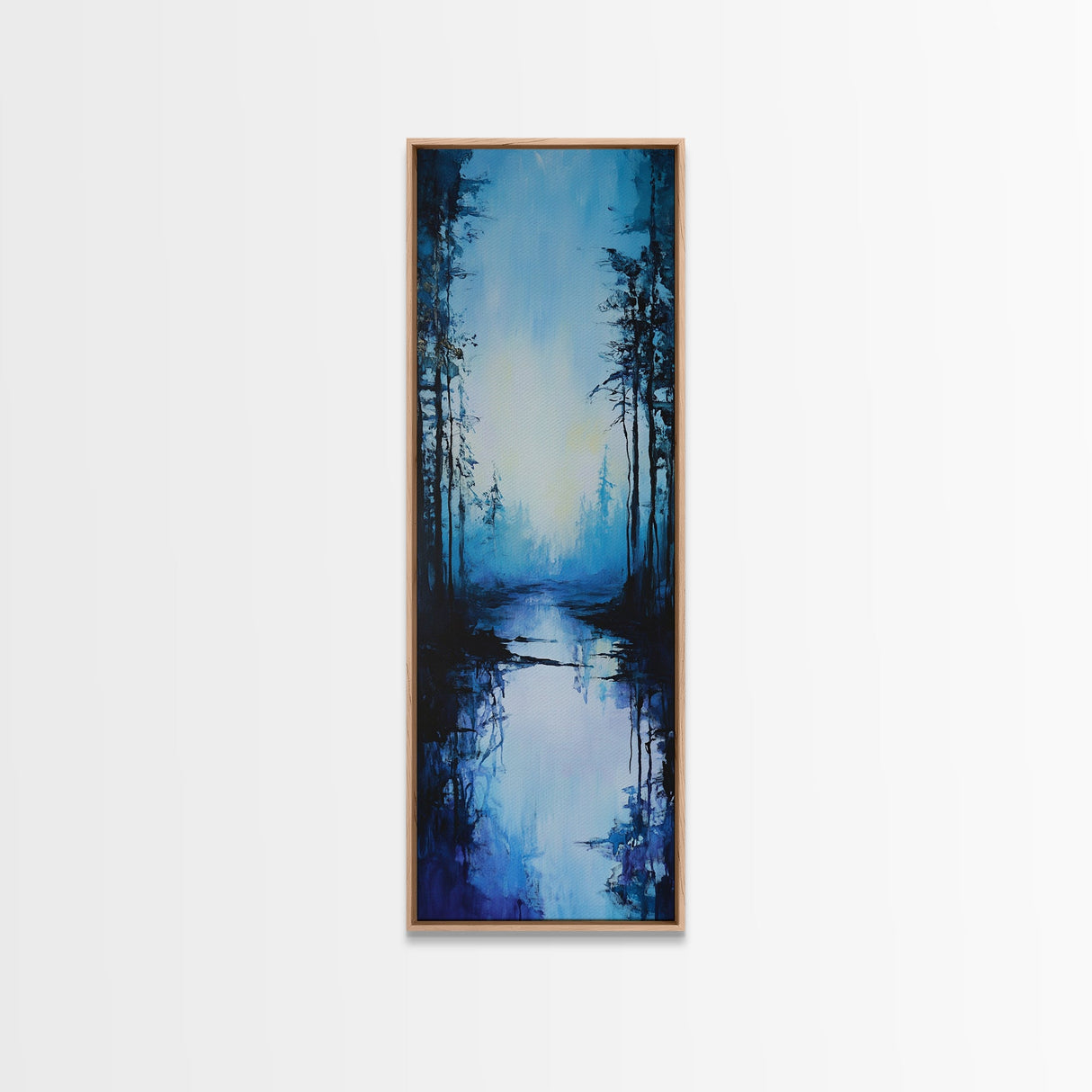 Misty Lake, Dark Forest, Moody Art, Landscape Painting, Minimalist Art, Blue and Green Wall Art, Framed Canvas Print, Vertical Wall Art