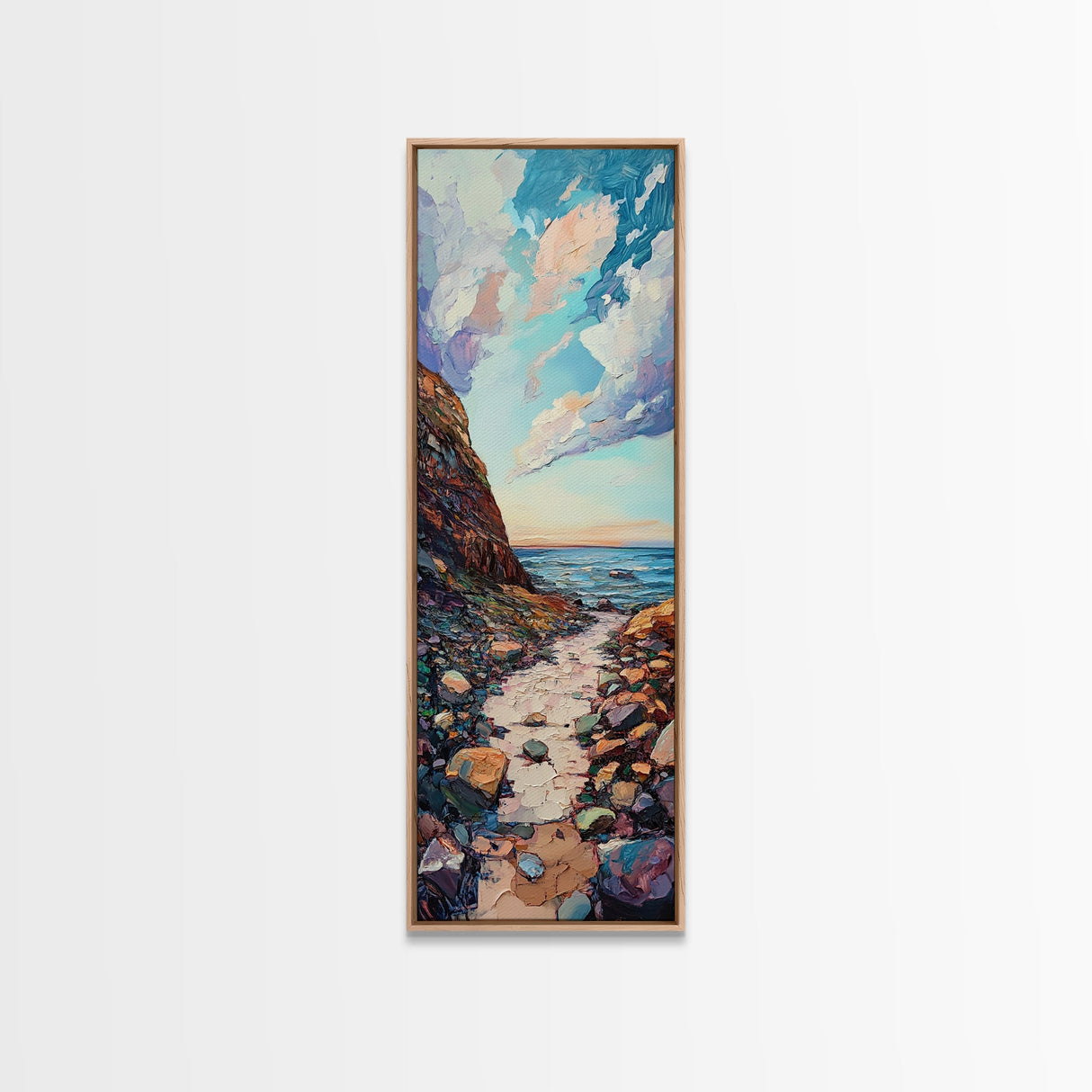 Rocky Coastline, Ocean Waves, Beach Path, Framed Canvas Print, coastal landscape art, farmhouse art, rustic décor