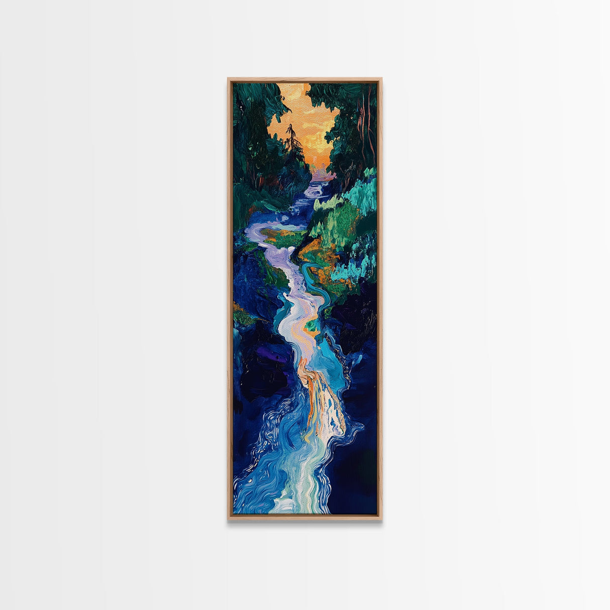 Sunset river, moody art, pine tree art, smoky mountain art, framed canvas print, vertical wall art, original painting