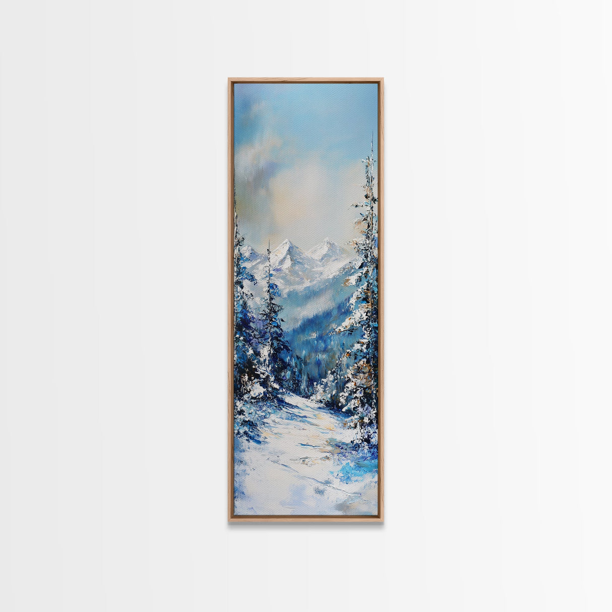 Snowy Mountain Path, winter landscape painting, mountain painting, pine tree art, rustic wall art, framed canvas print