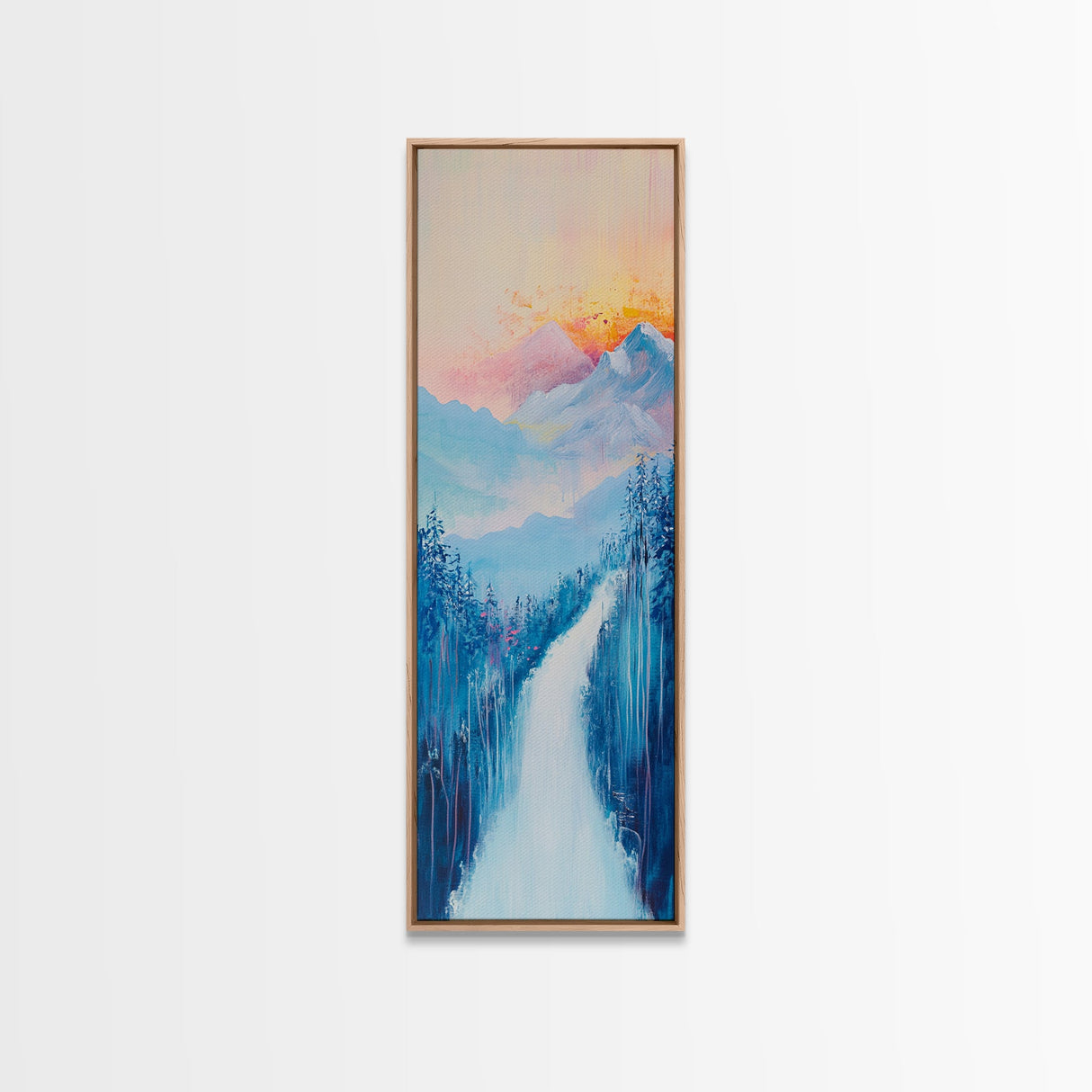 Sunset Over Mountains, pink orange wall art, mountain painting,  framed canvas print, extra wide art