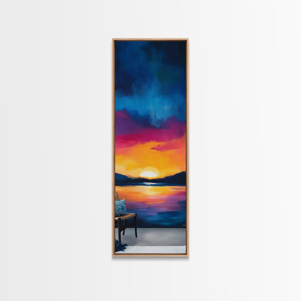 Sunset Over Water, Lake Tahoe Art, Bold Colors, Framed Canvas Print, Tall Narrow Art, Boho Art, Above Bed Wall Art, Panoramic Art