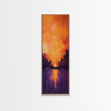 Fiery Sunset Reflection, mountain painting, moody art, forest at dusk painting, pine tree art, framed canvas print, vertical wall art