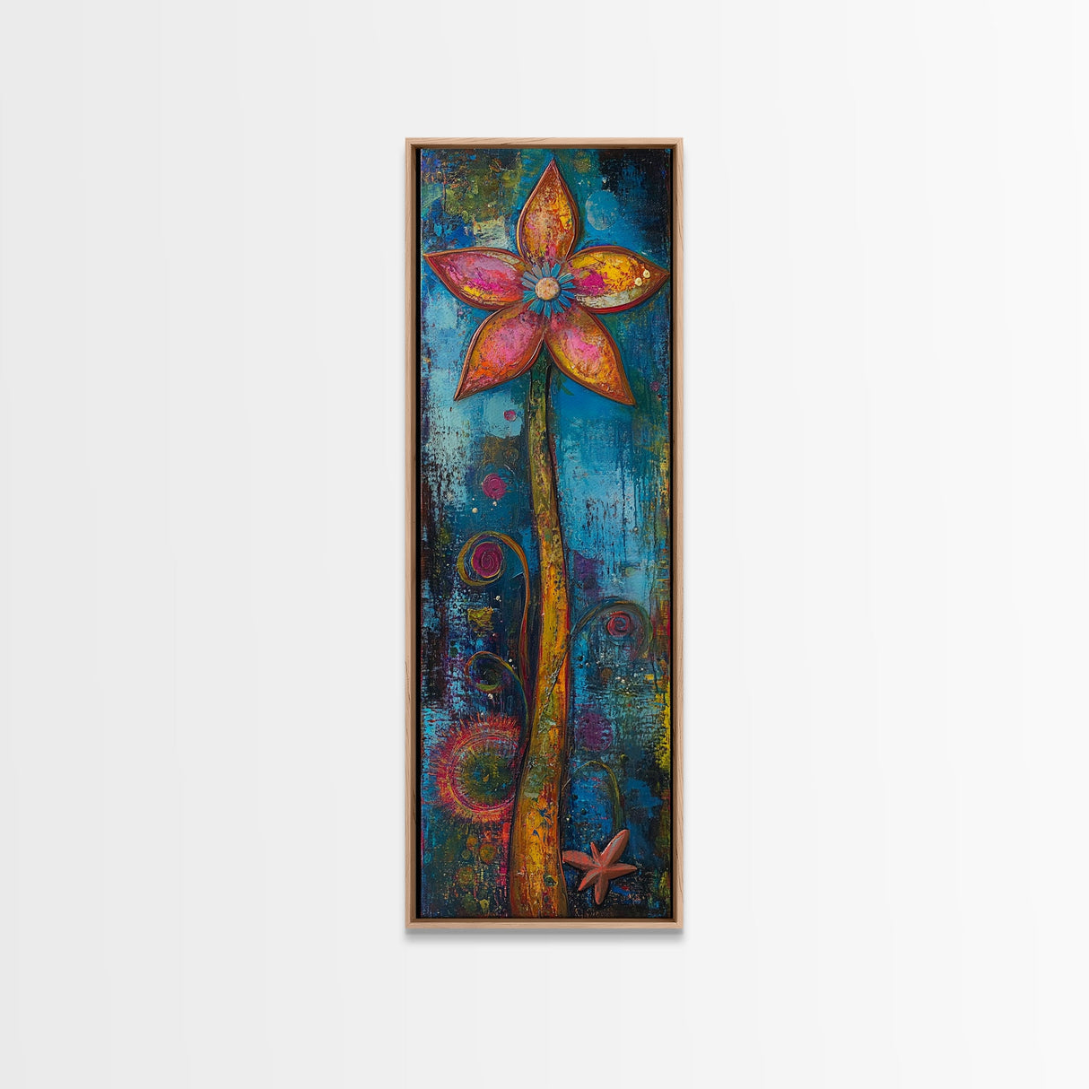 Vibrant Flower, botanical prints, pink orange wall art, boho art, whimsical art, tall narrow art, framed canvas print