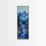 Waterfall Mountain, landscape painting, mountain painting, blue and green wall art, coastal decor, framed canvas print