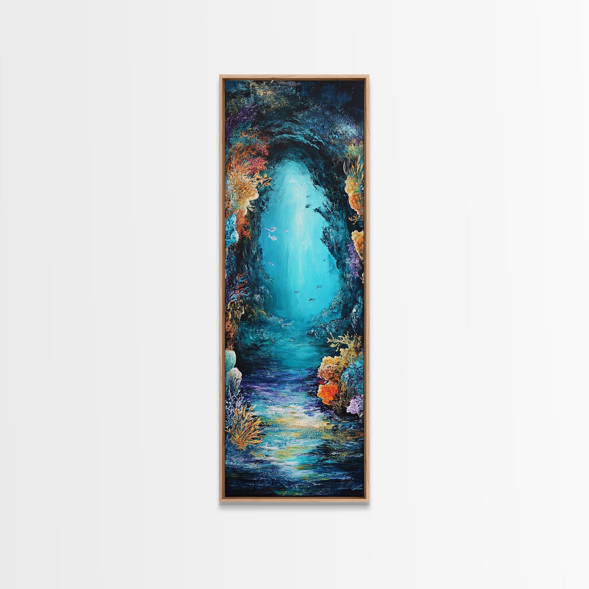 Underwater Cave, ocean painting, nautical wall art, coastal painting, seascape painting, framed canvas print, vertical wall art