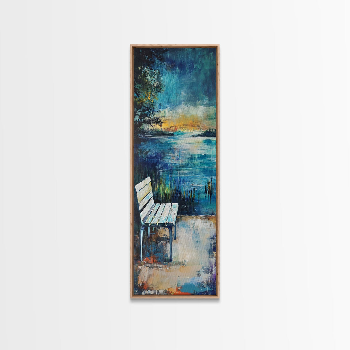 Lakeside Bench, moody art, landscape painting, coastal wall art, rustic decor, farmhouse art, framed canvas print, vertical wall art