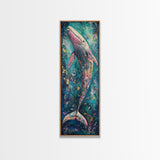 Vibrant Whale, Whale Painting, Coastal Decor, Nautical Wall Art, Blue and Green Wall Art, Skinny Wall Art, Framed Canvas Print